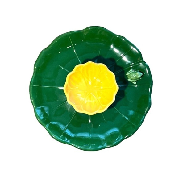 Vintage MCM Rare Portuguese Majolica Frog Platter and Lotus Flower Ceramic Bowl - Picture 1 of 16